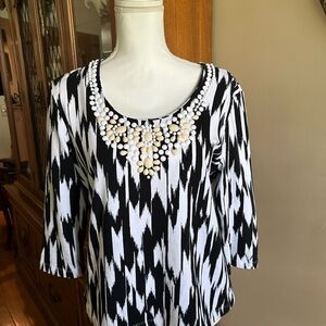 Ruby Rd. Black and White Ikat Blouse with Beaded Neckline